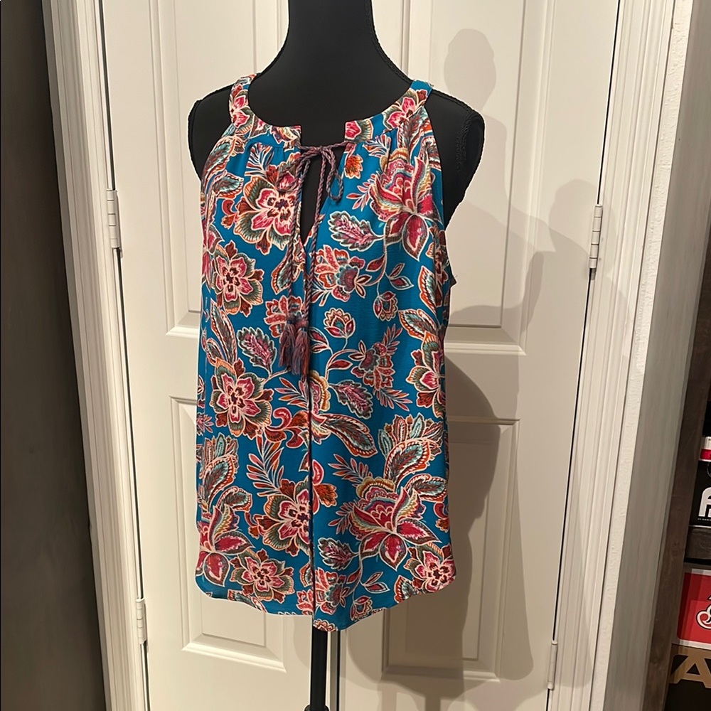 Blue and Pink Tie Front Tank Top Blouse (A)